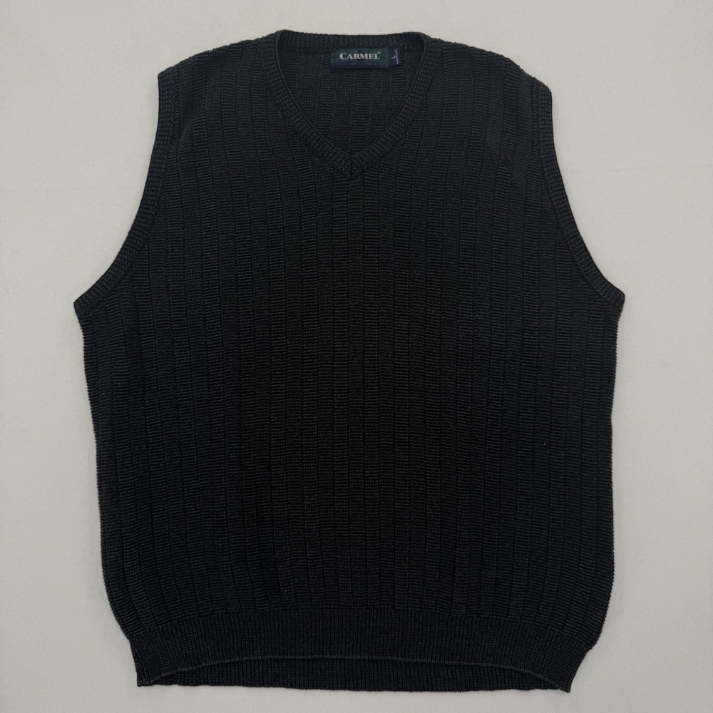 Vintage Carmel Knit Sweater Vest Mens L Black Ribbed 90s Golf Made In USA